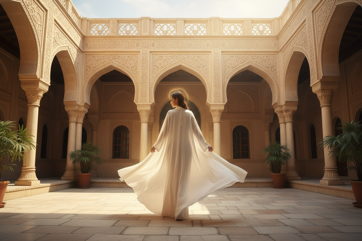 woman wearing a flowing off-white abaya, her back to the viewer, standing in a sunlit traditional Iraqi courtyard with intricate arches and stonework, soft golden light illuminating the scene, flowing fabrics gently moving in the breeze, serene and elegant posture, subtle glow around her to symbolize the soul, high-resolution, luxurious and ethereal, artistic and sophisticated, capturing heritage, modern elegance, and timeless beauty.